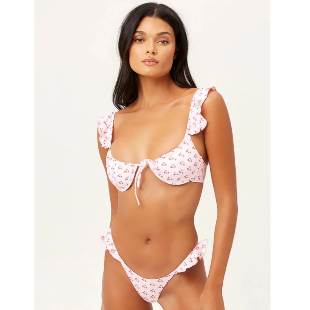 Frankie's Bikinis Birdie Baby Berry Ruffle Bikini Top NWT